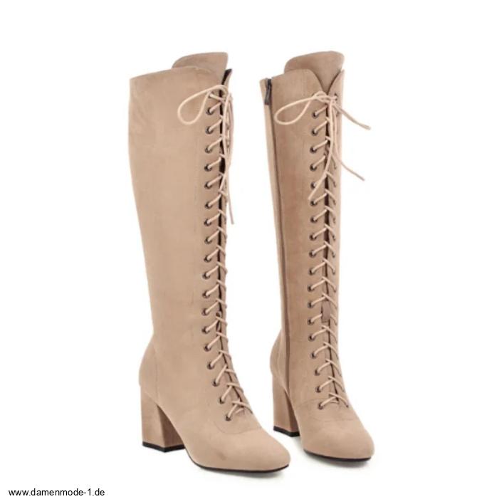 Damen Schnürstiefel mit Blockabsatz in Beige Creme bis Gr&nbsp;43