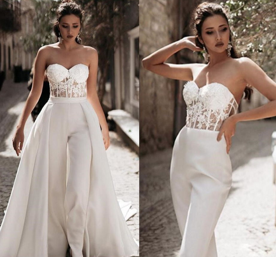 Bustie Mieder Standesamt Braut Overall Jumpsuit mit Abnehmbarem&nbsp;Schleppe