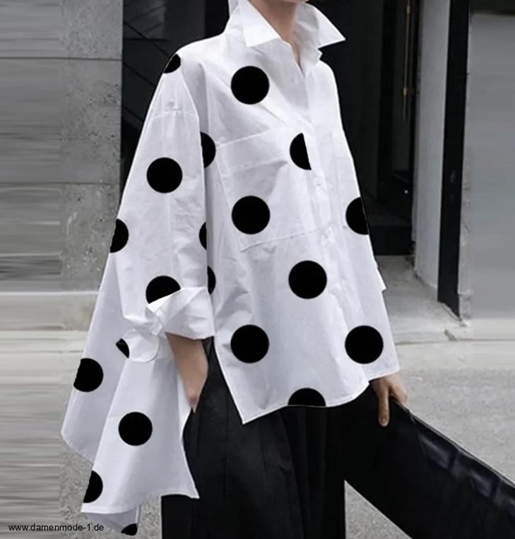 Oversize Damen Bluse in Weiß Gefunkten&nbsp;Asymmetrisch
