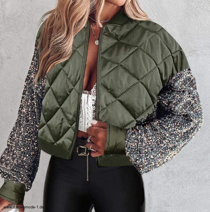 Patchwork Pailletten Baseball Jacke für Damen in&nbsp;Grün