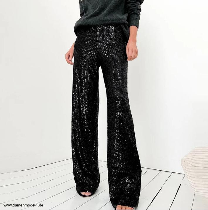 Elegante Damenhose Lang mit Glitzer Pailletten in&nbsp;Schwarz