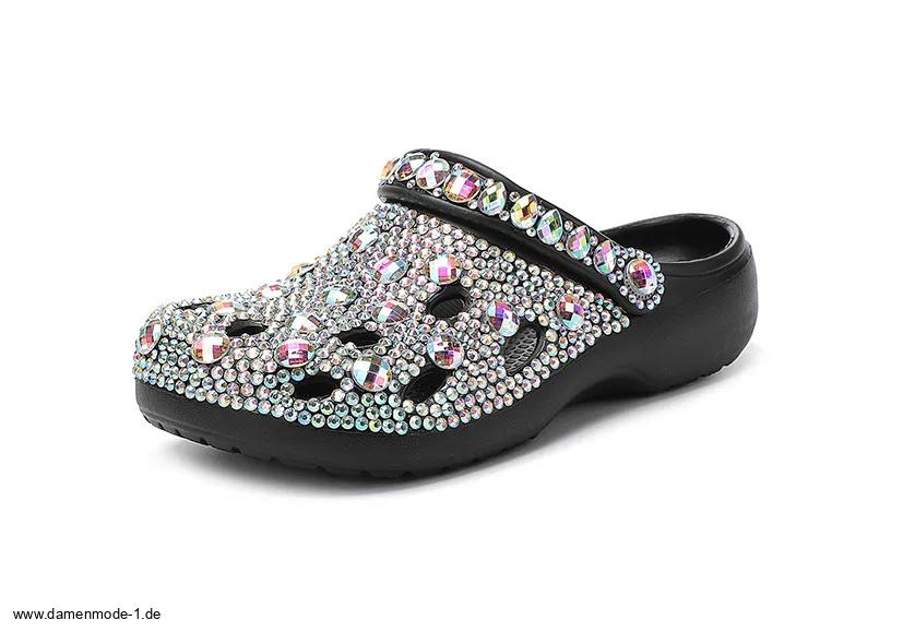 Glitzer Clogs Outdoor Schuhe in Schwarz Silber mit&nbsp;Strass
