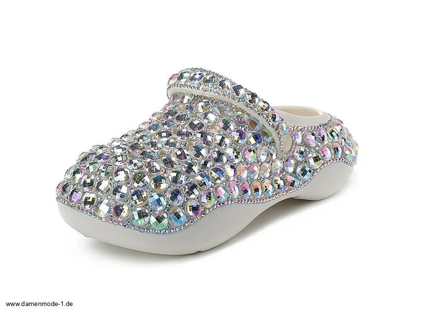 Glitzer Clogs Outdoor Schuhe in Weiß Silber mit&nbsp;Strass
