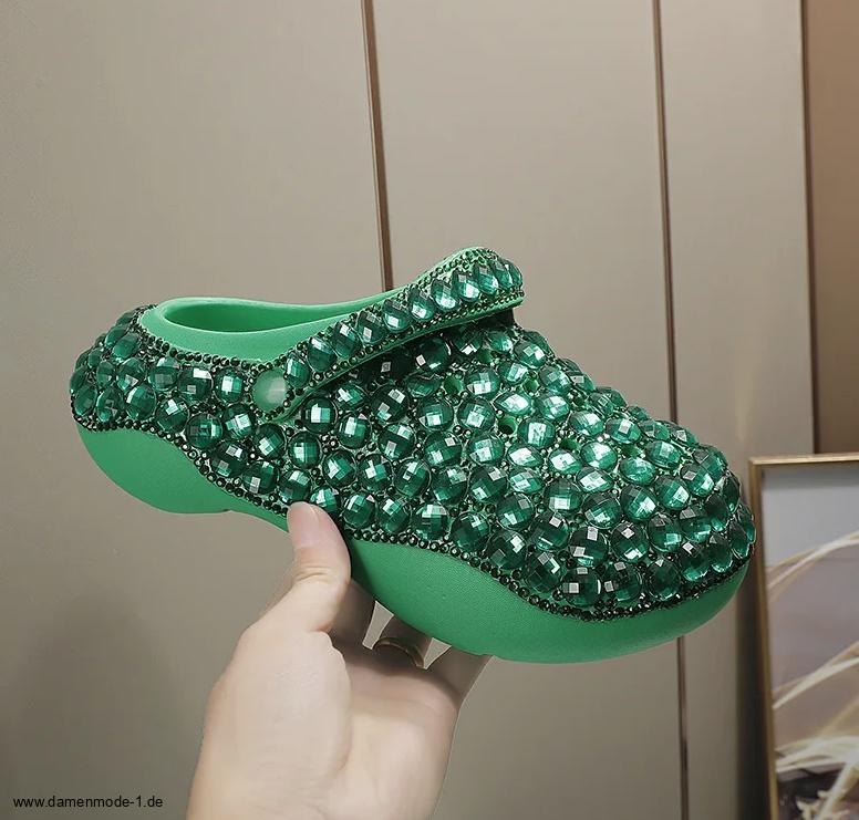 Glitzer Clogs Outdoor Schuhe in Grün mit&nbsp;Strass