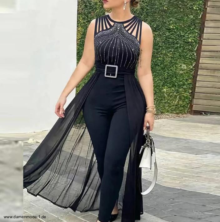 Damen Bodycon Einteiler Jumpsuit Ärmellos Elegant mit Schärpe und Pailletten in&nbsp;Schwarz