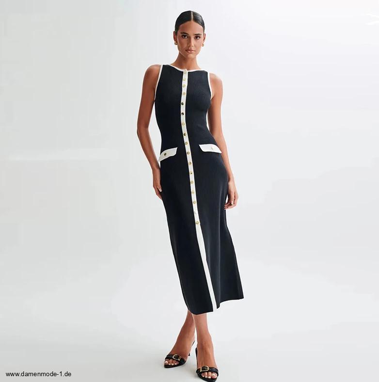 Ärmelloses Bleistift Strickkleid Lang in Schwarz mit&nbsp;Knöpfe
