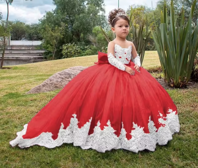 A Linie Blumenmädchenkleid Berit Bodenlang mit Spitze und Schleppe Rot&nbsp;Weiß