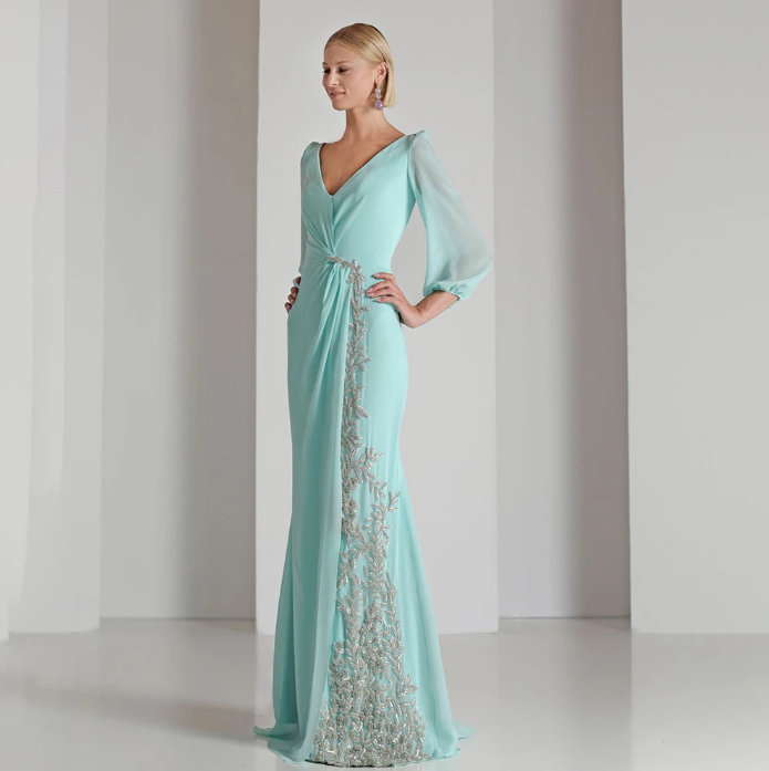 Langarm Kleid Elegant für Hochzeitsgäste in Mintgrün mit Laternenärmel und&nbsp;Stick