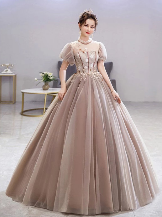 Victorian Style Prinzessin Ball Linie Kurzarm Brautkleid in Champagne mit&nbsp;Ärmel