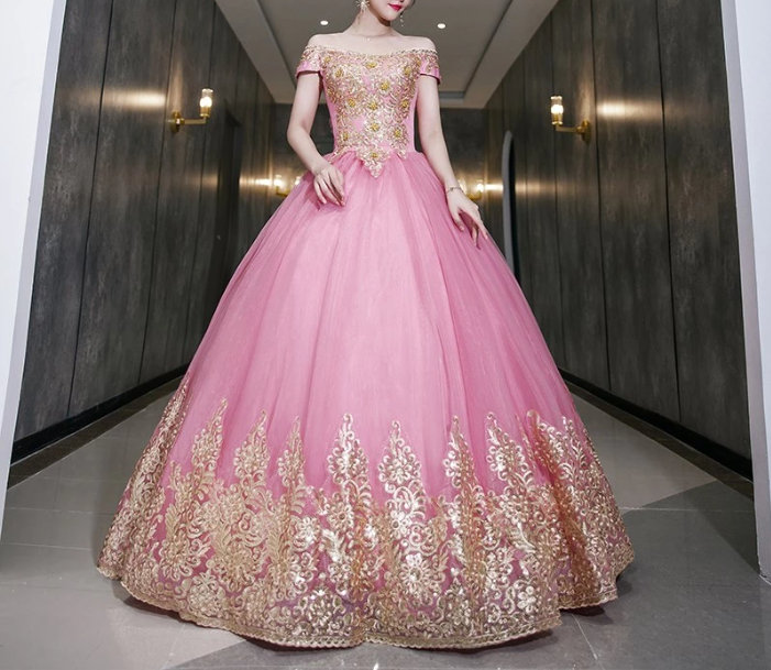 Ball Linie Brautkleid Schulterfrei mit Perlen Blumen Stickereien&nbsp;Rosa
