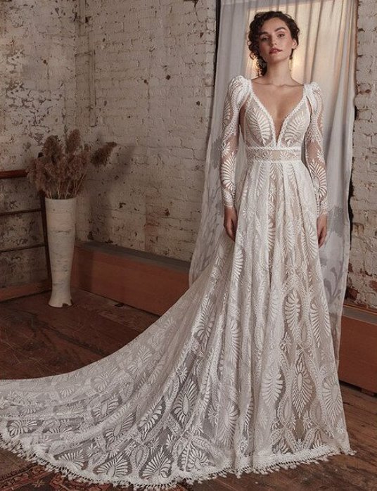 Langarm Empire Boho Brautkleid Blue mit Spitze und Bolero