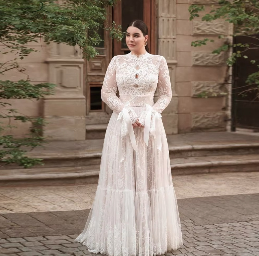 Plus Size Boho Style Langarm Brautkleid Cecilia&nbsp;Bodenlang