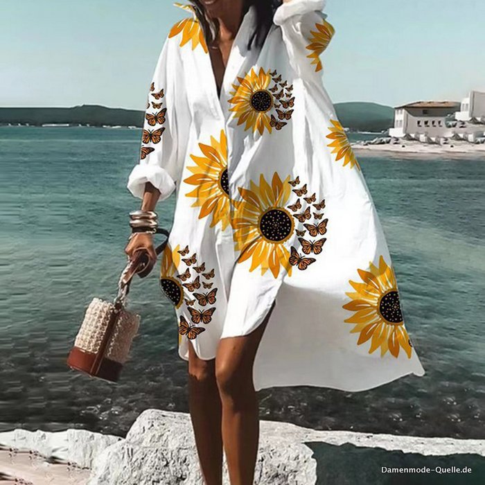 Sommer Mode Damen Shirt Kleid Langarm Strandkleid&nbsp;Sonnenblumen