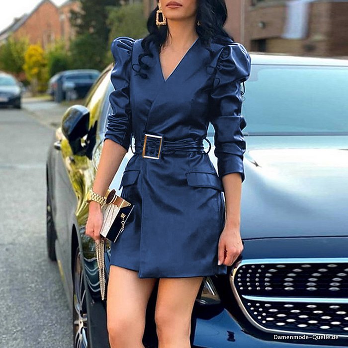 Damen PU Leder Kurzes Kleid mit Gürtel&nbsp;Blau