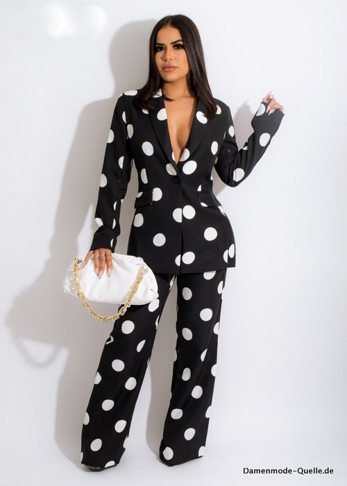 Damen 2er Set Outfit Einreiher Blazer und Gerade Hose als Anzug&nbsp;Schwarz