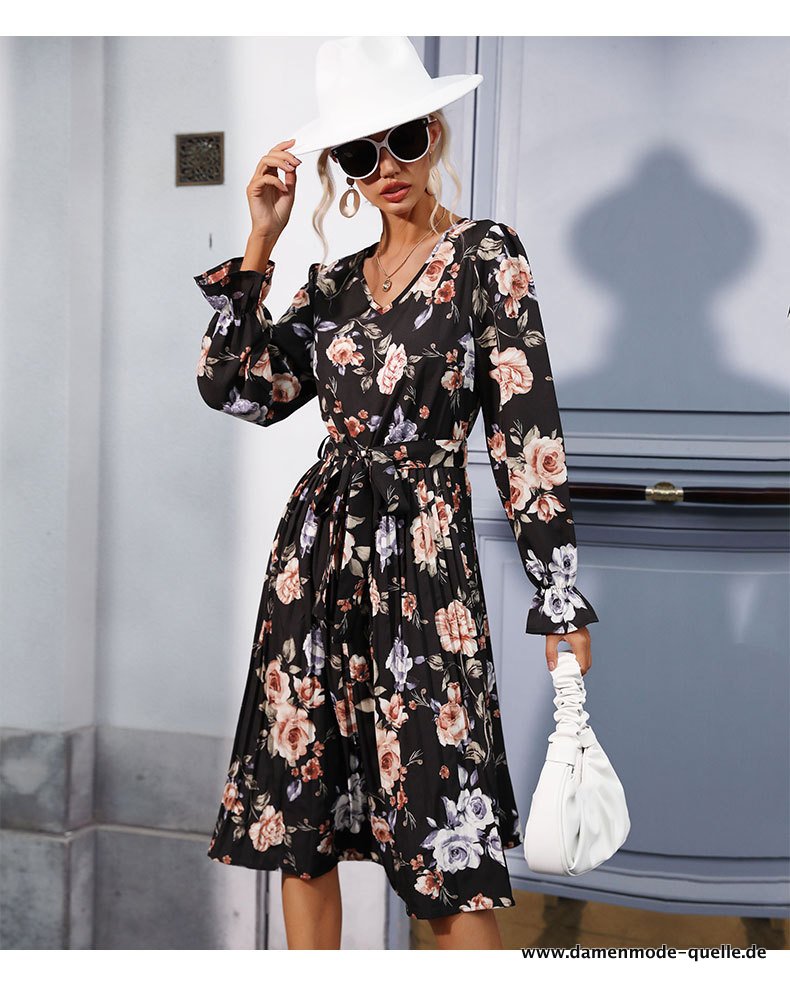 Elegantes Schwarzes V-Ausschnitt Langarm Hohe Taille Midi Plissee Kleid mit&nbsp;Gürtel