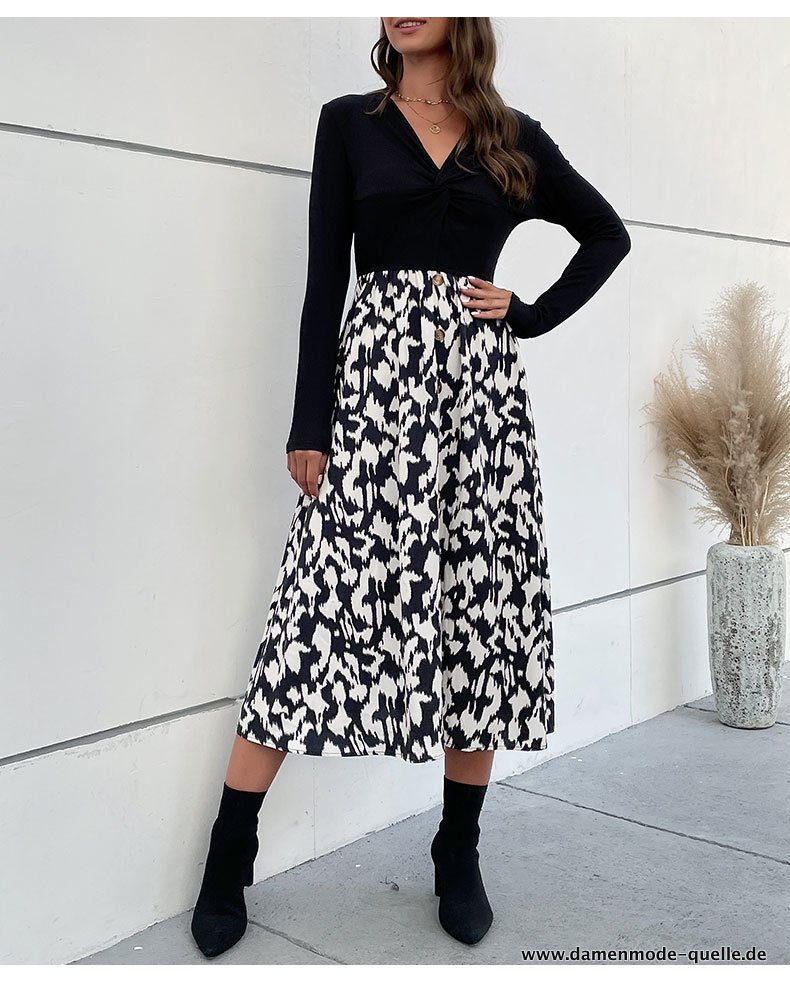 Langarm Kleid Eleganter Chic Schwarz Midi Kleid für Damen im&nbsp;Büro