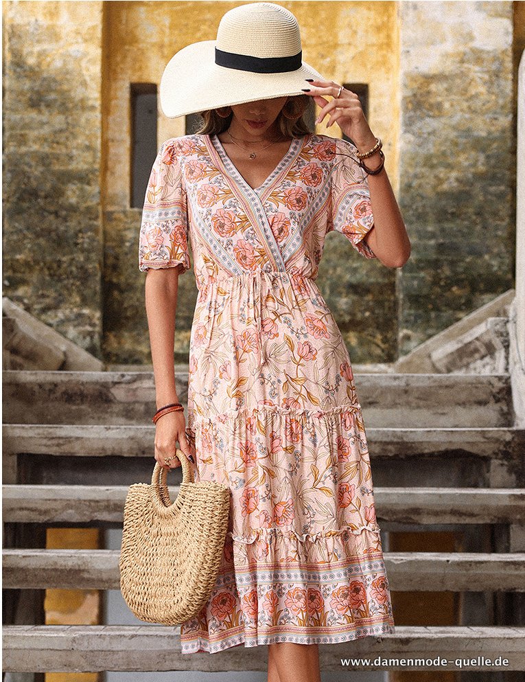 Sommer Boho Kleid Damen Retro Elegantes Rosa V-ausschnitt Kurzarm&nbsp;Kleid