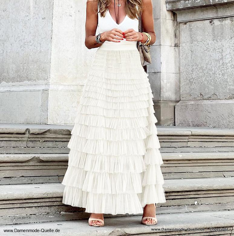 Maxi Boho Tüll Sommer Rock Lang in&nbsp;Weiß