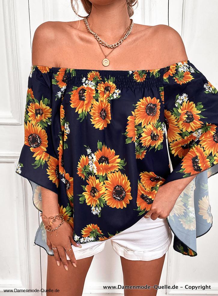 Langarm Sommer Bluse Schulterfrei in Schwarz mit&nbsp;Blumenmuster