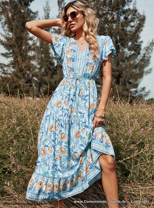 Boho Maxi Blusen Sommerkleid in Blau mit Blumenmuster&nbsp;Leger