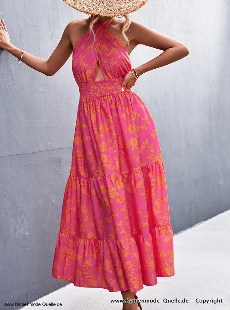 Neckholder Träger Maxi Sommerkleid in Pink mit&nbsp;Blumenmuster