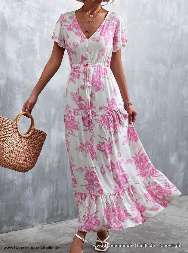 Kurzarm Maxi Sommerkleid mit Blumenmuster Lang in Weiß&nbsp;Rosa