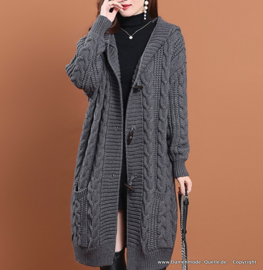 Damen Cardigan Strickjacke mit Kapuze und Knöpfe&nbsp;Dunkelgrau