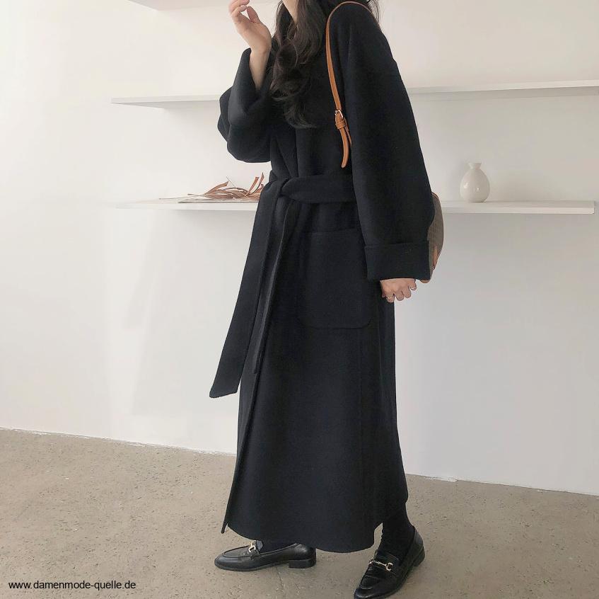 Lange Winterjacke Wollmantel zum Binden in&nbsp;Schwarz