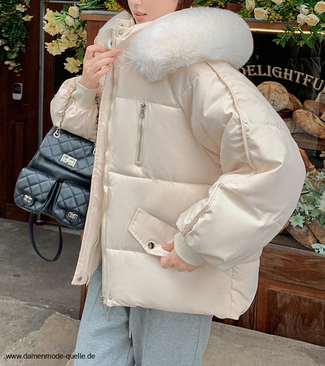 Warme Winter Parka für Damen mit Kunstpelz Kapuze&nbsp;Creme