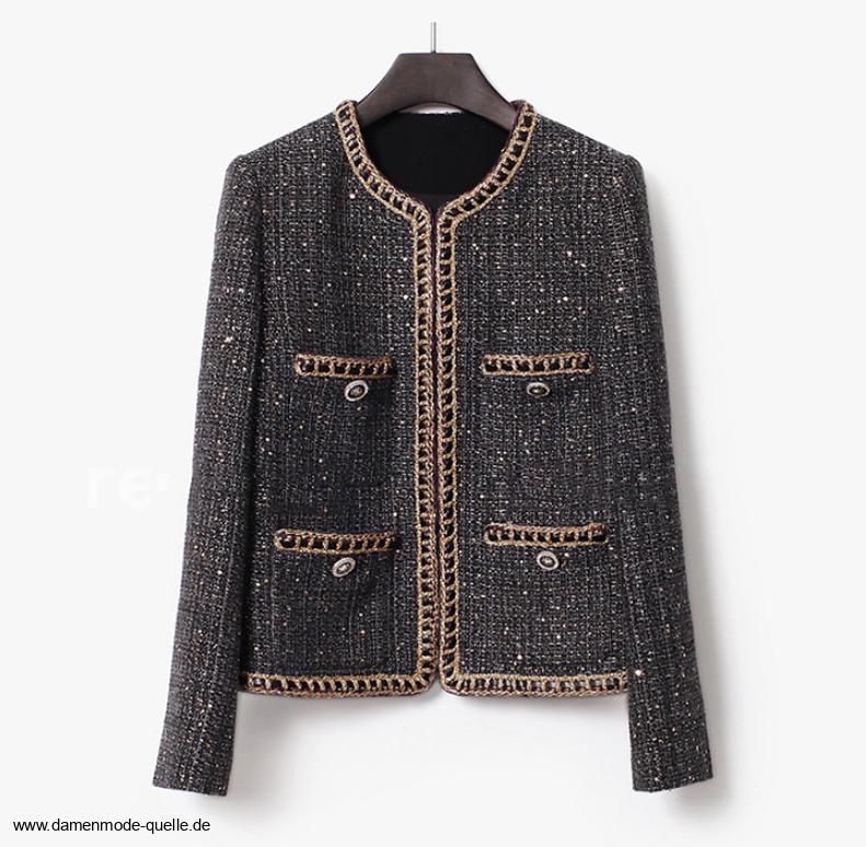 Tweed Damen Blazer Elegant in Schwarz mit Applikationen in&nbsp;Schwarz