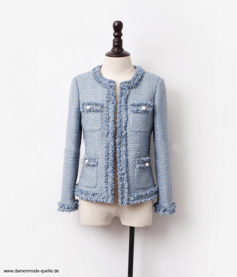 Tweed Damen Blazer Elegant in Schwarz mit Applikationen in&nbsp;Hellblau
