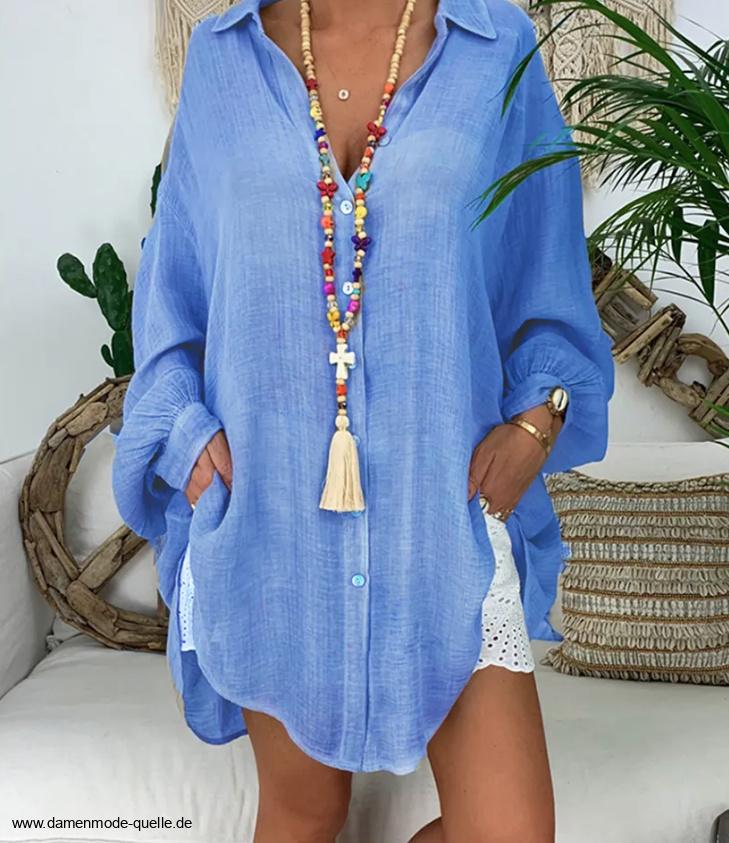 Oversize Leinen Damen Bluse in Hellblau bis&nbsp;4XL