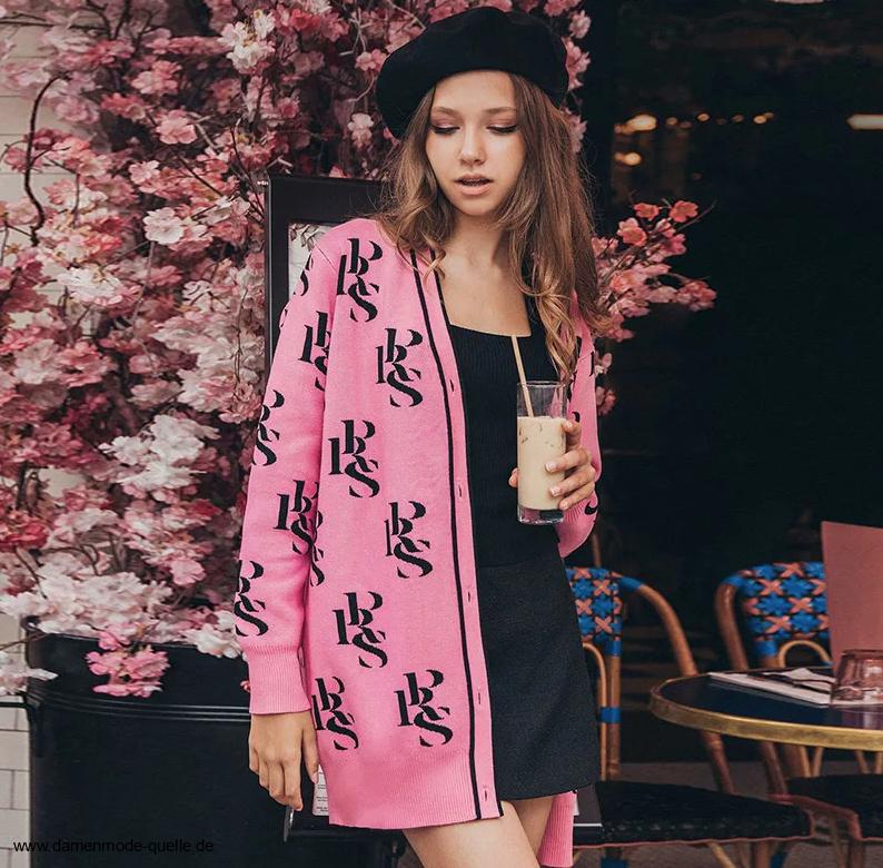  Damen Herbst Winter Strickjacke Cardigan in Rosa mit Buchstaben&nbsp;Muster