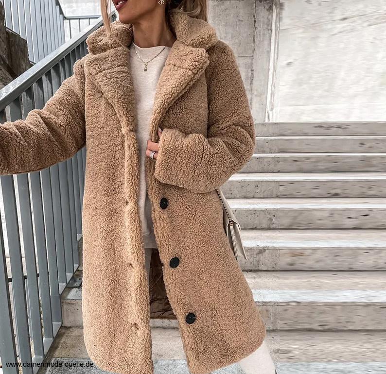 A Linie Damen Plüsch Wollmantel mit Kragen in&nbsp;Beige