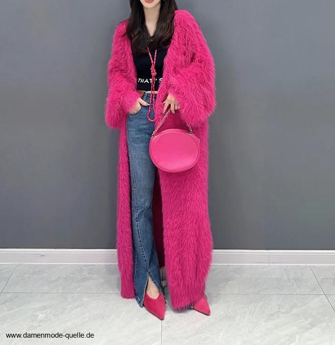 Lange Damen Plüsch Strickjacke in&nbsp;Pink