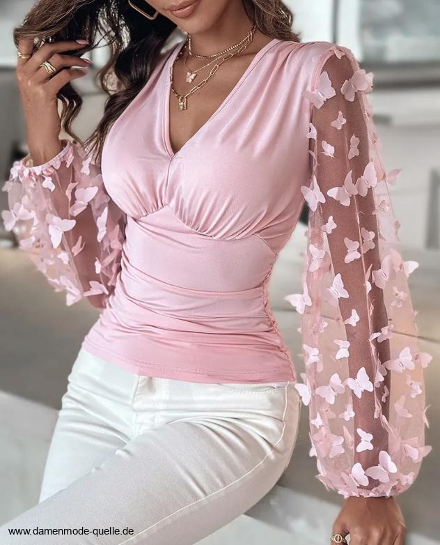 Elegante Damen Bluse mit Tüll Ärmel in Rosa mit&nbsp;Schmetterlinge