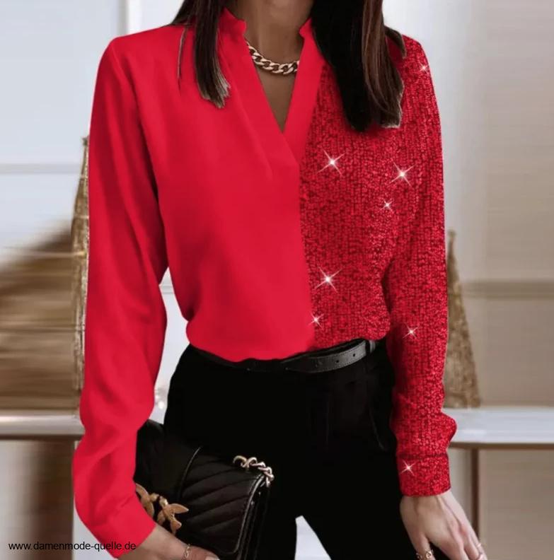 Patchwork Glitzer Damen Bluse in Rot mit&nbsp;Pailletten