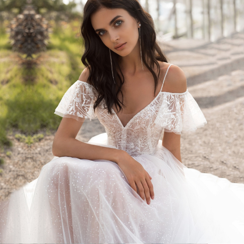 A-Linie Spaghettiträger Boho Standesamtkleid mit Tüll Rock und&nbsp;Spitze