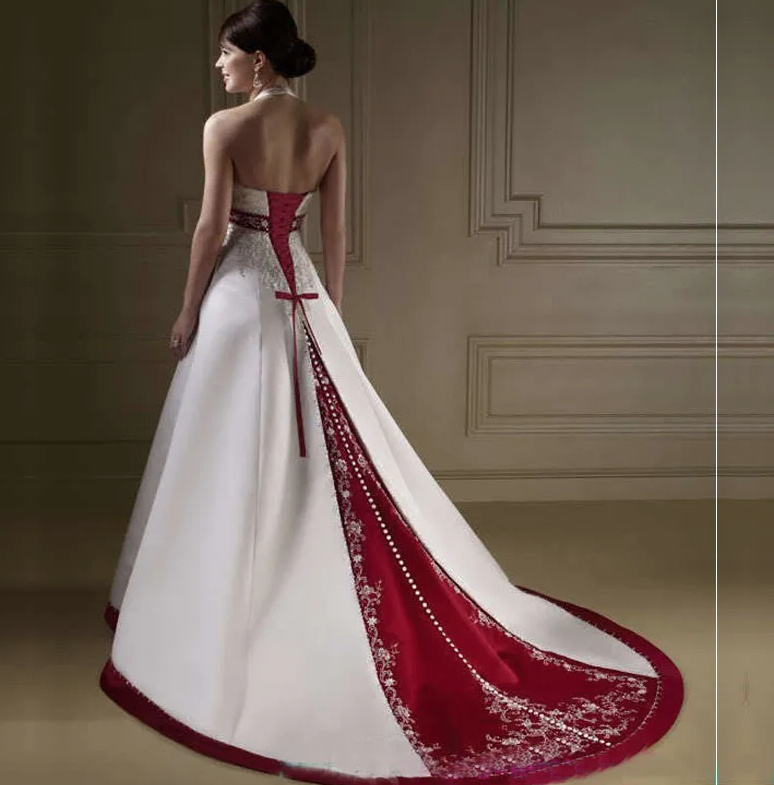 Neckholder Träger Brautkleid Angelica in Weiß Weinrot mit&nbsp;Stickereien