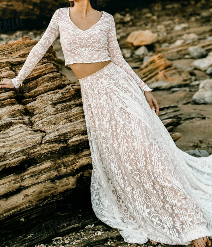 Zweiteiliges Boho Brautkleid Angelika aus Spitze A Linie Rock mit langarm Bluse im&nbsp;Set