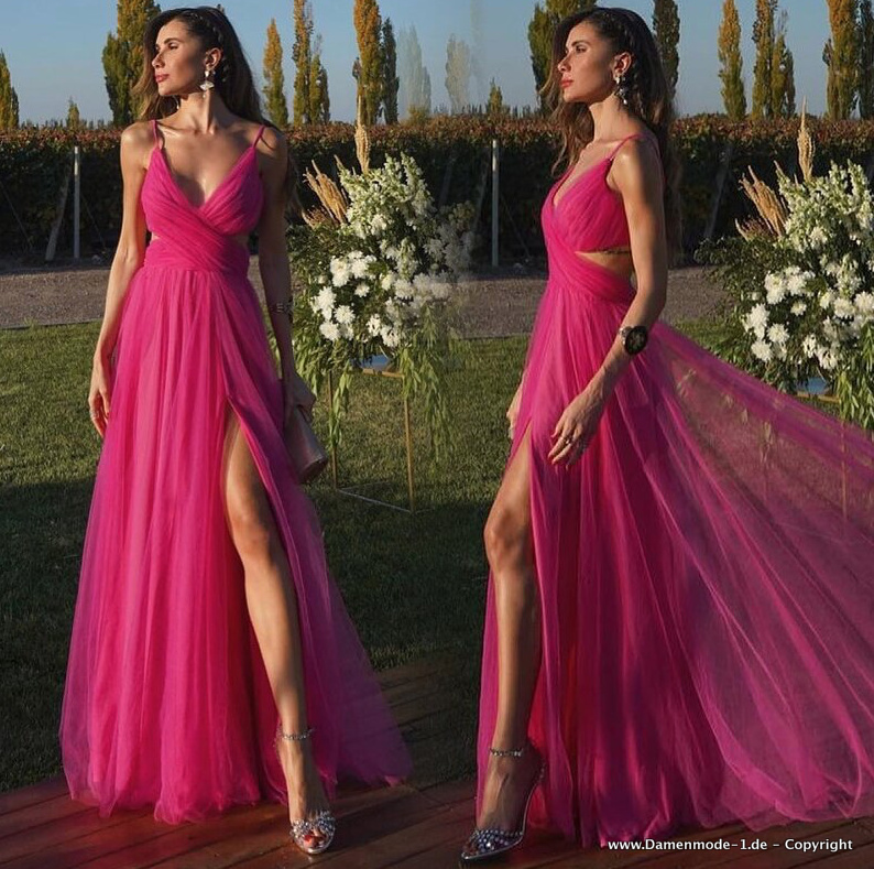 Empire Maxi Chiffon Kleid Elegant in Pink mit&nbsp;Spaghettiträger