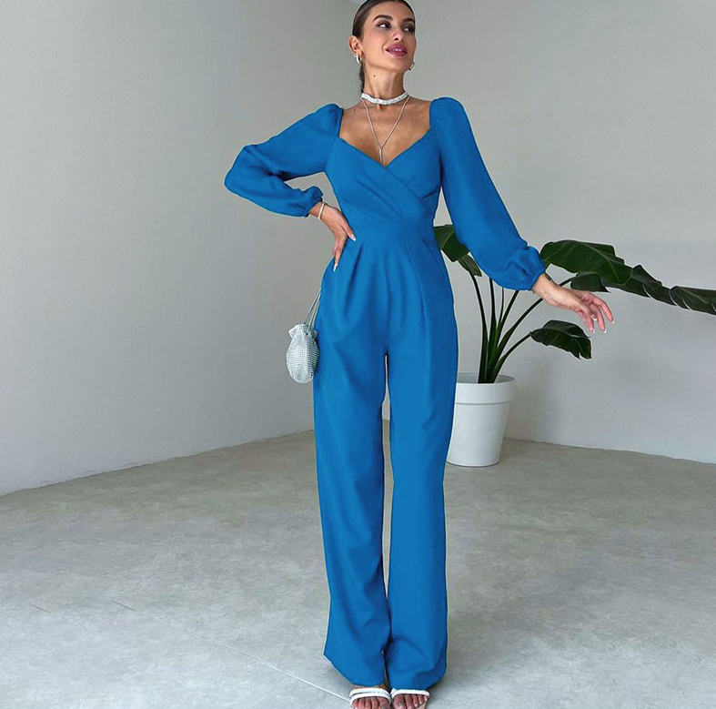 Elegantes Langarm Overall Jumpsuit Einteiler Lang mit Herz&nbsp;Ausschnitt