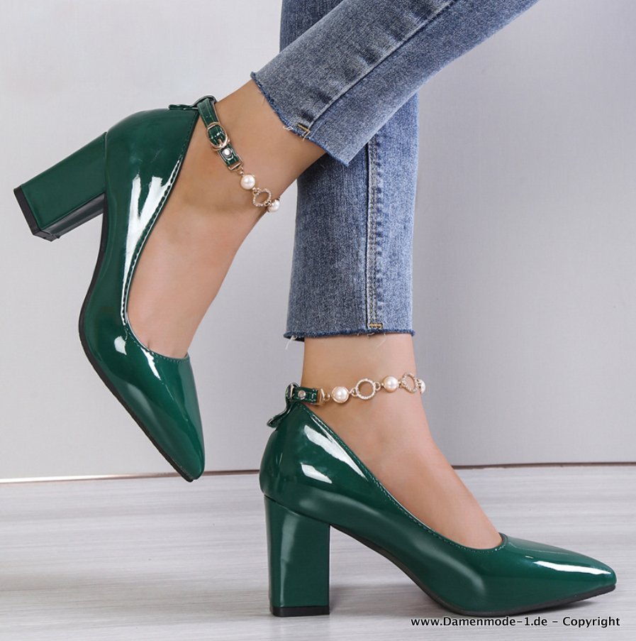 Luxus Strass Lack Leder Damen Pumps mit Perlen Kette bis Gr 43 in&nbsp;Dunkelgrün