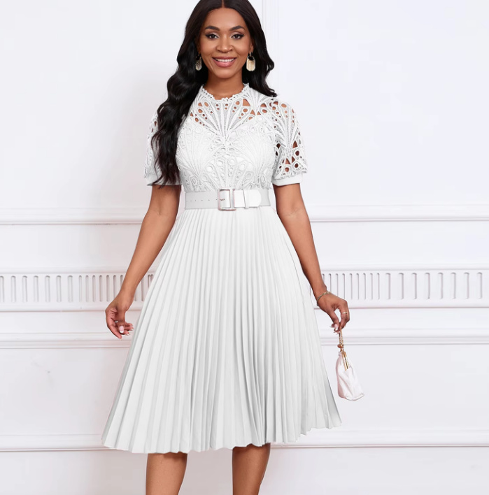 Wadenlanges Plissee Standesamtkleid Bea mit Spitze und&nbsp;Ärmel