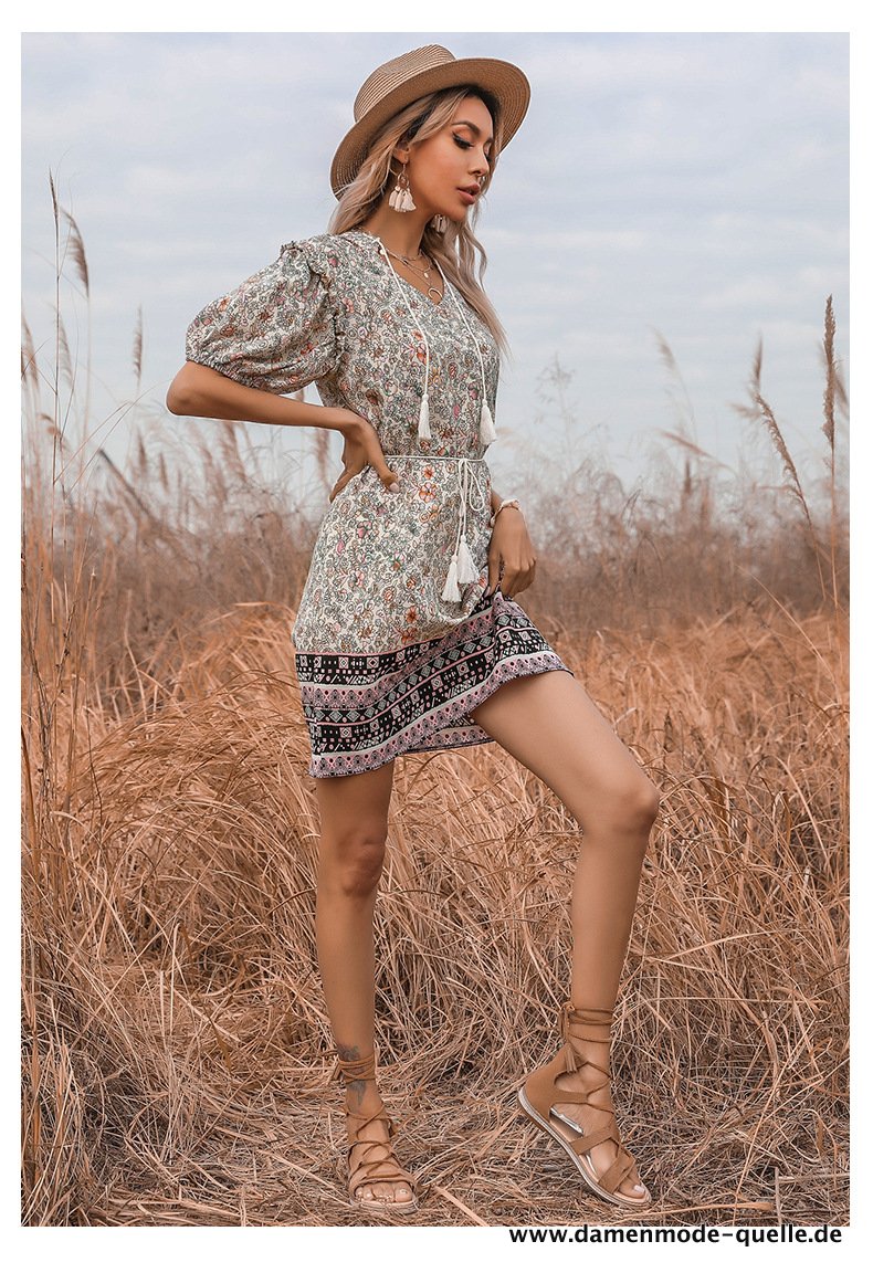 sommer Blumenmotiv Kleid für Damen V-Ausschnitt Kurzarm&nbsp;Sommerkleid