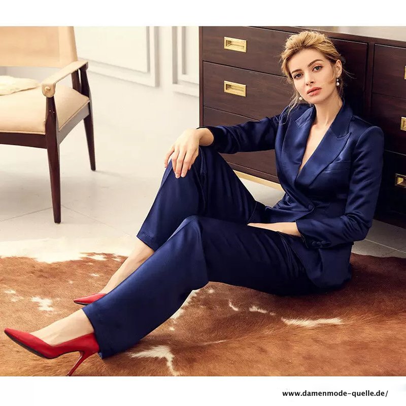 Eleganter Satin Hosenanzug Marineblau für Damen 
