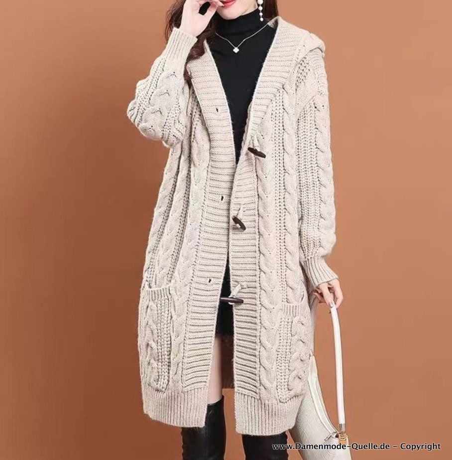 Damen Cardigan Strickjacke mit Kapuze und Knöpfe&nbsp;Creme