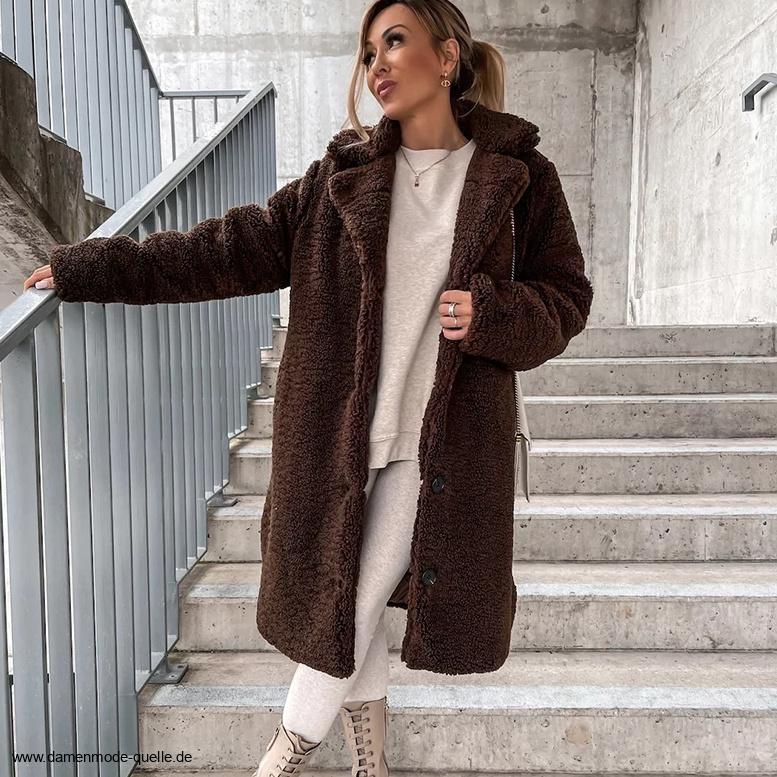 A Linie Damen Plüsch Wollmantel mit Kragen in&nbsp;Dunkelbraun