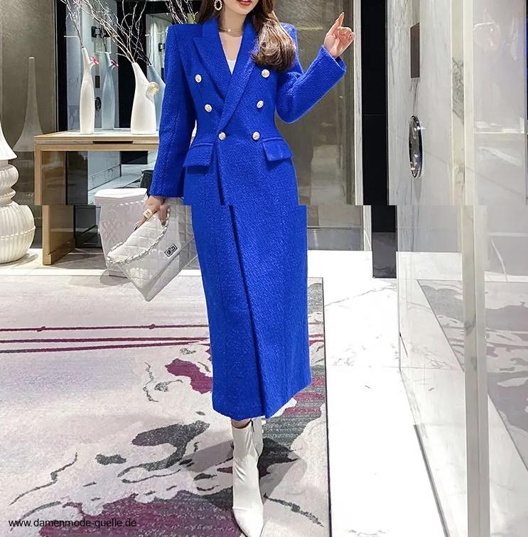 Zweireiher Damen Wollmantel mit Kragen A Linie Elegant in&nbsp;Navyblau